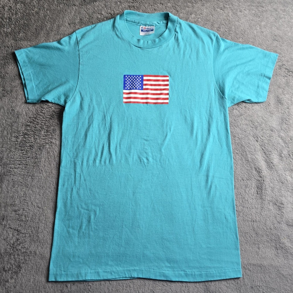 Vintage Single Stitch T-Shirt American Flag Hanes Fifty-Fifty Adult Medium USA